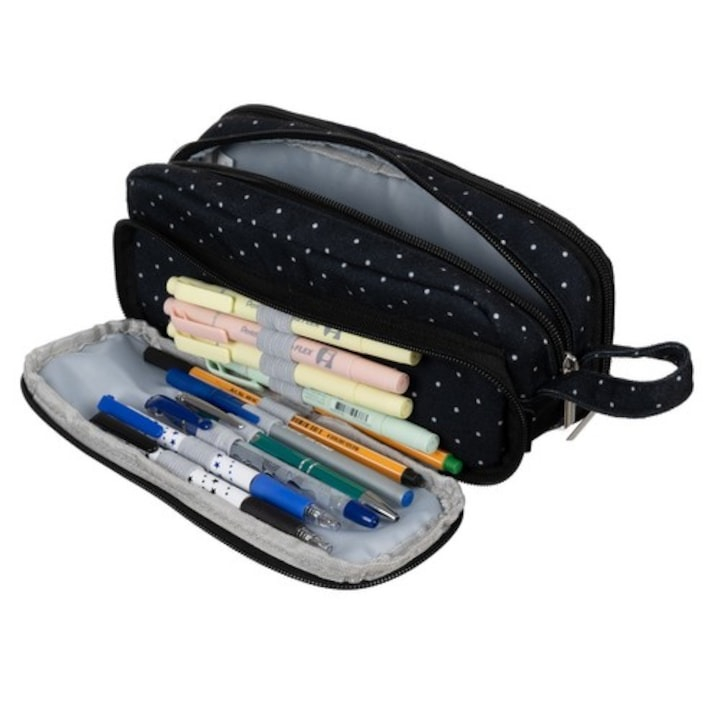 Penar pentru scoala cu 3 compartimente, designe buline , 24x9x11 cm - Negru [3]