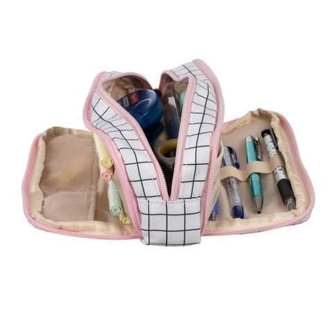 Penar scolar extensibil cu 3 compartimente, model alb-negru in carouri, organizator rechizite si accesorii, 26 x 9 x 7.5 cm [6]