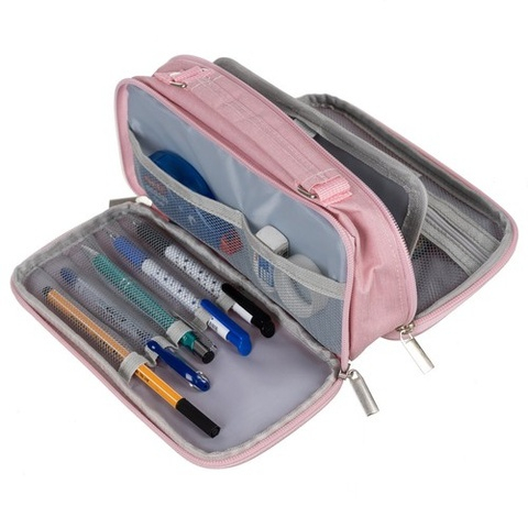 Penar scolar multifunctional cu organizare pe doua niveluri, buzunare interioare si suport pentru instrumente de scris, roz, 23 x 11 x 7 cm [3]