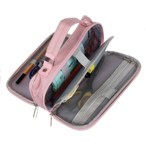 Penar scolar multifunctional cu organizare pe doua niveluri, buzunare interioare si suport pentru instrumente de scris, roz, 23 x 11 x 7 cm [2]