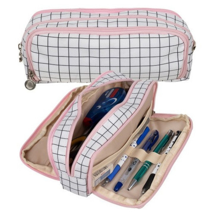 Penar scolar neechipat, 3 compartimente, buzunare interioare, suporturi pentru pixuri, Oxford, model carouri alb/negru/roz [9]