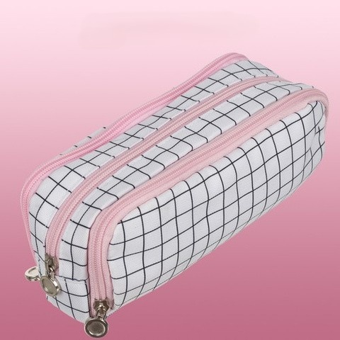 Penar scolar neechipat, 3 compartimente, buzunare interioare, suporturi pentru pixuri, Oxford, model carouri alb/negru/roz [3]