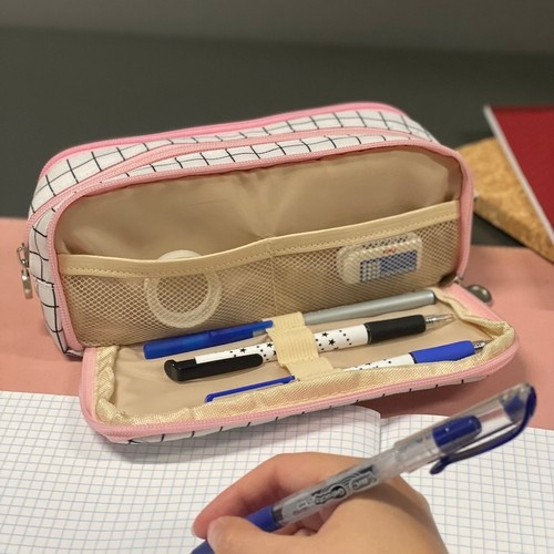 Penar scolar neechipat, 3 compartimente, buzunare interioare, suporturi pentru pixuri, Oxford, model carouri alb/negru/roz [5]