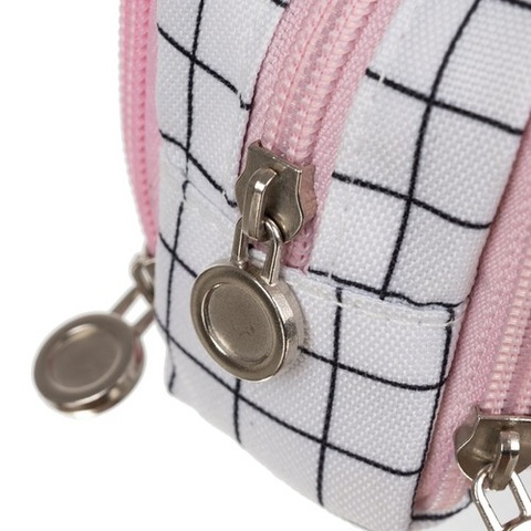 Penar scolar neechipat, 3 compartimente, buzunare interioare, suporturi pentru pixuri, Oxford, model carouri alb/negru/roz [6]