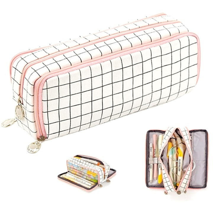 Penar scolar neechipat, 3 compartimente, buzunare interioare, suporturi pentru pixuri, Oxford, model carouri alb/negru/roz [11]