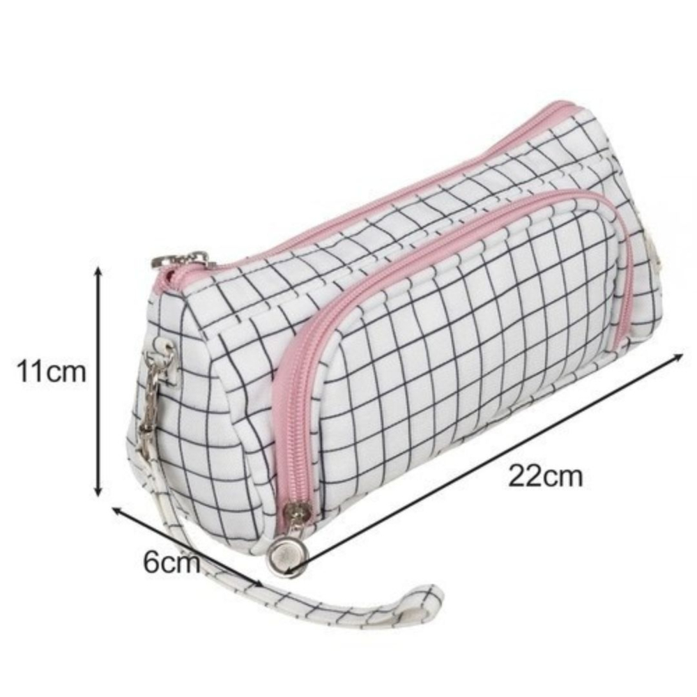 Penar textil pentru rechizite cu model alb in carouri, compartiment dublu si prindere cu carabina, 22 cm [9]