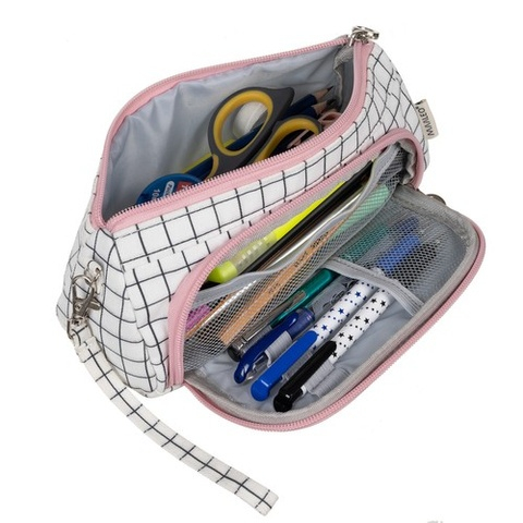 Penar textil pentru rechizite cu model alb in carouri, compartiment dublu si prindere cu carabina, 22 cm [8]
