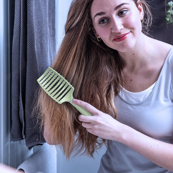 Perie de păr profesională, ventilată, anti-încâlcire, cu peri flexibili și mâner ergonomic, pentru uscare rapidă și coafare zilnică, verde – Dactylion [6]