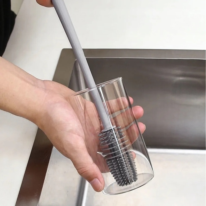 Perie pentru curatare sticle, pahare, borcane, vaze, silicon/plastic, gri, 32.5 x 3 cm [4]