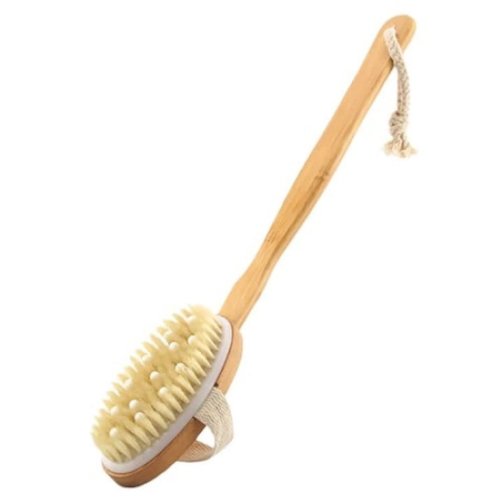 Perie pentru masaj corporal cu maner detasabil, din lemn de bambus, peri naturali din agave, pentru periere uscata si umeda, exfoliere si efect anticelulitic [5]