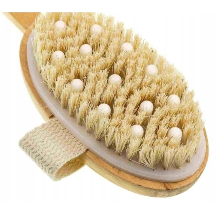 Perie pentru masaj corporal cu maner detasabil, din lemn de bambus, peri naturali din agave, pentru periere uscata si umeda, exfoliere si efect anticelulitic [7]