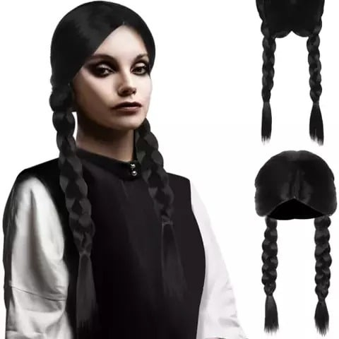 Peruca feminina lunga pentru costume si petreceri tematice, doua codite impletite, par sintetic negru, 55 cm [4]