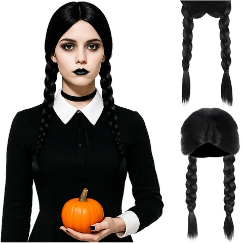 Peruca feminina lunga pentru costume si petreceri tematice, doua codite impletite, par sintetic negru, 55 cm [10]
