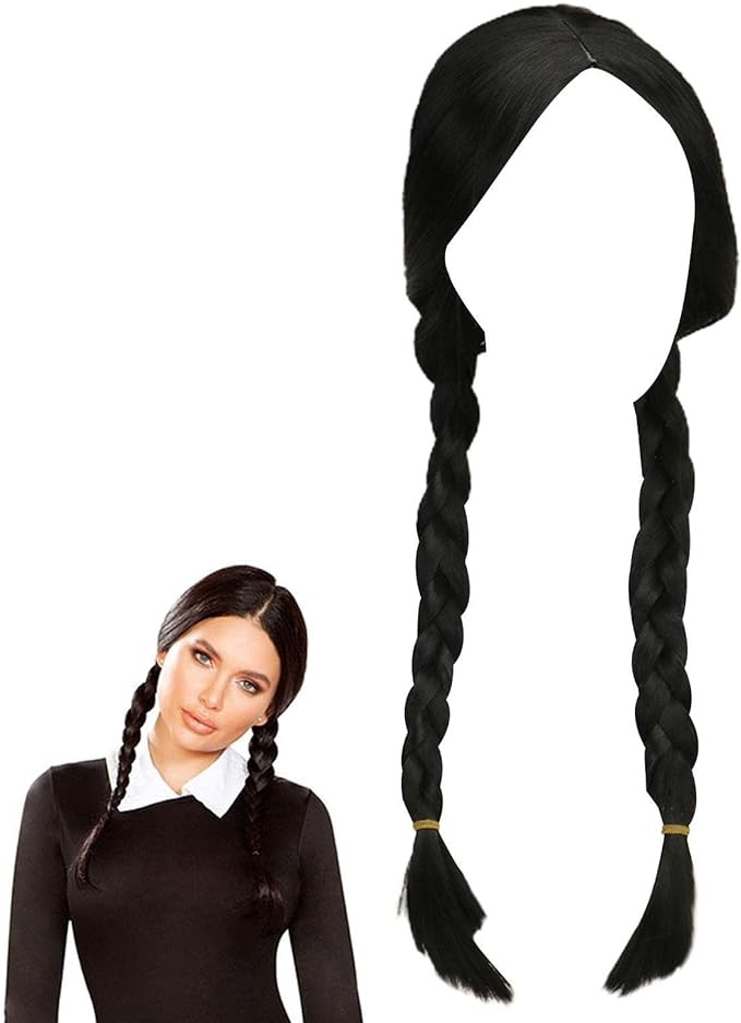 Peruca feminina lunga pentru costume si petreceri tematice, doua codite impletite, par sintetic negru, 55 cm [12]