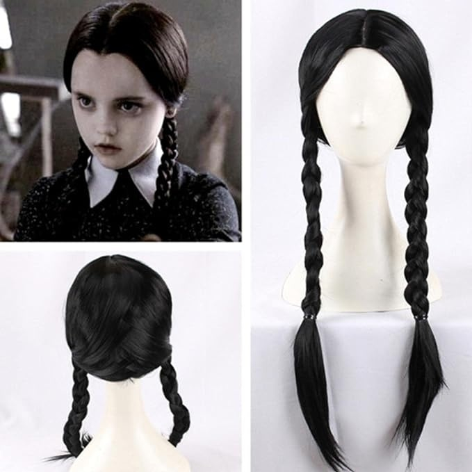 Peruca feminina lunga pentru costume si petreceri tematice, doua codite impletite, par sintetic negru, 55 cm [11]