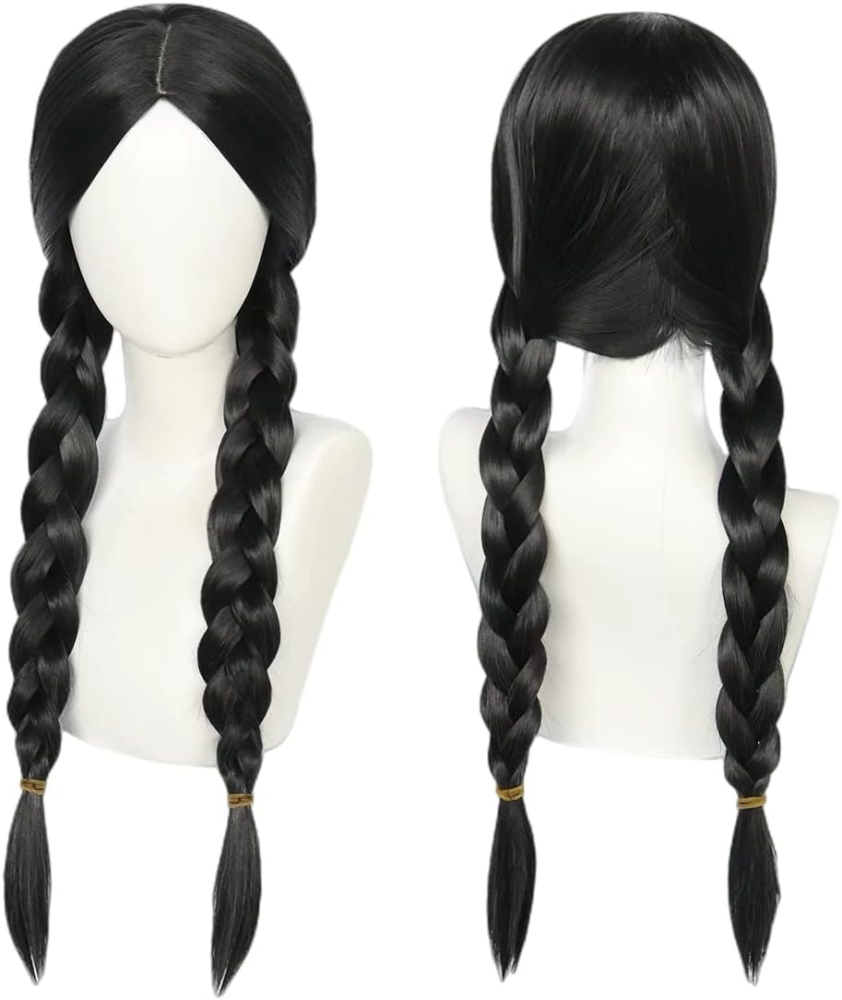 Peruca feminina lunga pentru costume si petreceri tematice, doua codite impletite, par sintetic negru, 55 cm [13]