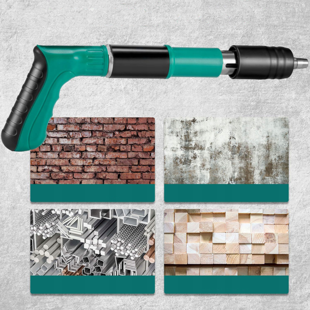 Pistol manual pentru batut cuie in beton, otel si lemn, reglaj putere, 100 cuie incluse, valiza transport si accesorii protectie [8]
