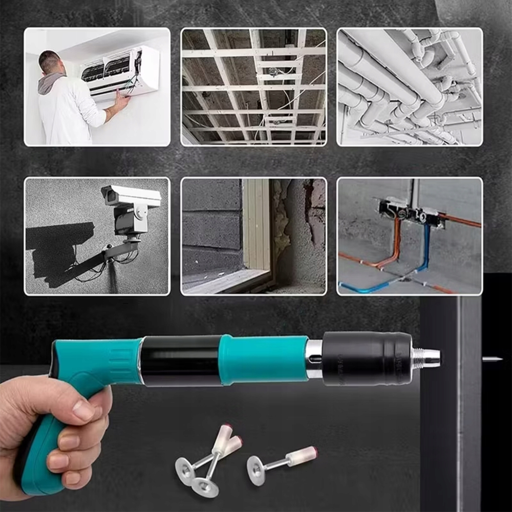 Pistol manual pentru batut cuie in beton, otel si lemn, reglaj putere, 100 cuie incluse, valiza transport si accesorii protectie [7]