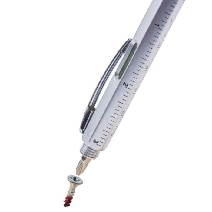 Pix multifunctional 6 in 1 din aluminiu argintiu cu touch nivela rigla 7 cm si surubelnita dubla scriere neagra 14.8 cm [4]