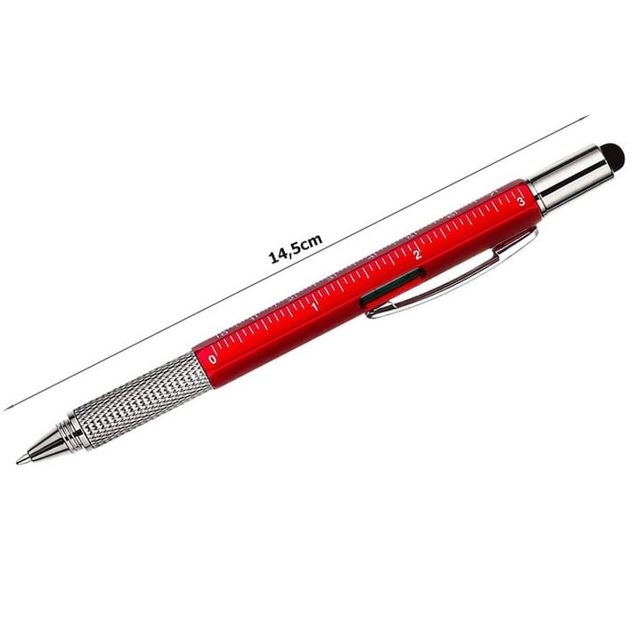 Pix multifunctional 6 in 1, rigla, 2 surubelnite, touchscreen, nivela cu bula, metal - Rosu [2]