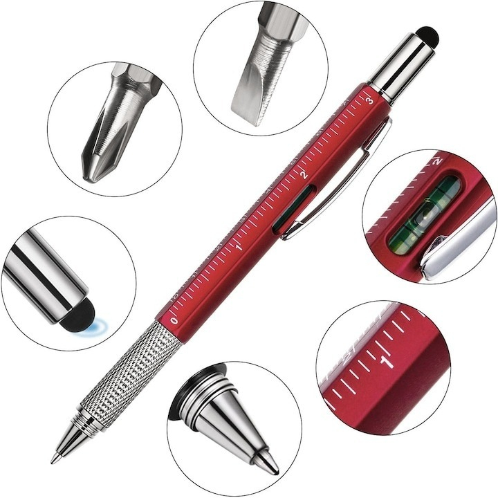 Pix multifunctional 6 in 1, rigla, 2 surubelnite, touchscreen, nivela cu bula, metal - Rosu [4]