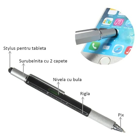 Pix multifunctional 6 in 1, rigla, 2 surubelnite, touchscreen, nivela cu bula, metal, 14.8 cm, negru-argintiu [9]