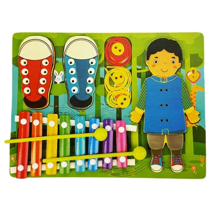 Placa multifunctionala de joc pentru copii 4in1, xilofon, orificii pentru pantofi, sireturi, 30x23x3 cm - Multicolor [2]