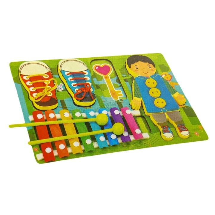 Placa multifunctionala de joc pentru copii 4in1, xilofon, orificii pentru pantofi, sireturi, 30x23x3 cm - Multicolor [4]