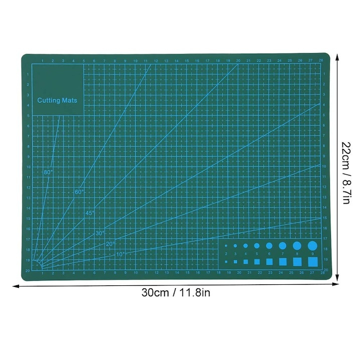 Planseta de taiat A4, fata-verso, autovindecare, grosime 3 mm, cu marcaje centimetrice si unghiuri, ideala pentru crafting, croitorie si proiecte DIY, verde, 22 x 30 cm [7]