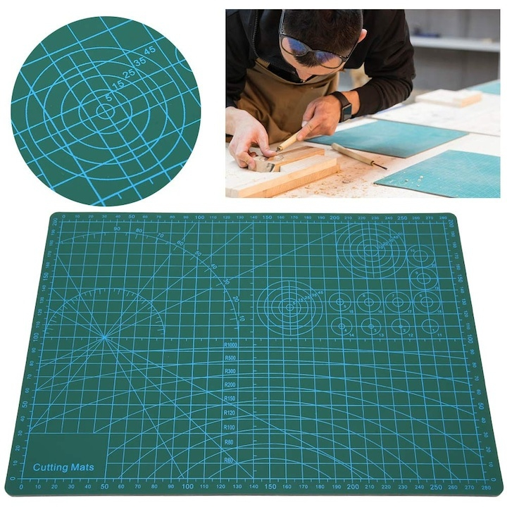 Planseta de taiat A4, fata-verso, autovindecare, grosime 3 mm, cu marcaje centimetrice si unghiuri, ideala pentru crafting, croitorie si proiecte DIY, verde, 22 x 30 cm [8]