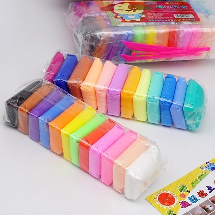 Plastilina magica pentru copii, textura fina si elastica, usor de modelat, 24 culori, 24 pungute a 15 g, set cu ustensile incluse, creativitate si joaca educativa [6]
