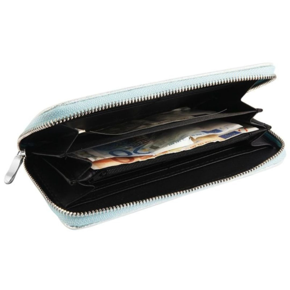 Portofel dama albastru 19 x 10 x 3 cm din imitatie de piele, finisaj metalic cu stele, 8 sloturi carduri, 3 spatii bancnote si compartiment monede [3]