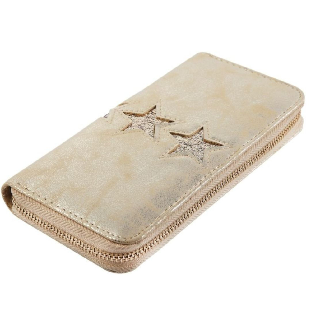 Portofel dama auriu 19 x 10 x 3 cm din imitatie de piele, model cu sclipici stele, 8 sloturi pentru carduri, buzunar monede si 3 spatii bancnote [4]