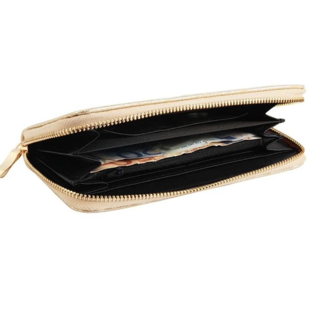 Portofel dama auriu 19 x 10 x 3 cm din imitatie de piele, model cu sclipici stele, 8 sloturi pentru carduri, buzunar monede si 3 spatii bancnote [2]