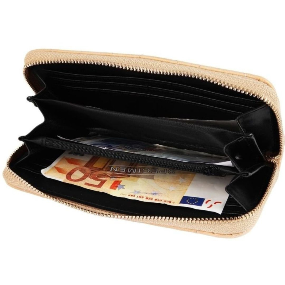 Portofel dama, bej 19 x 10 x 2 cm din imitatie de piele, format orizontal, 8 sloturi carduri, 3 compartimente bancnote, monede si fermoar [3]