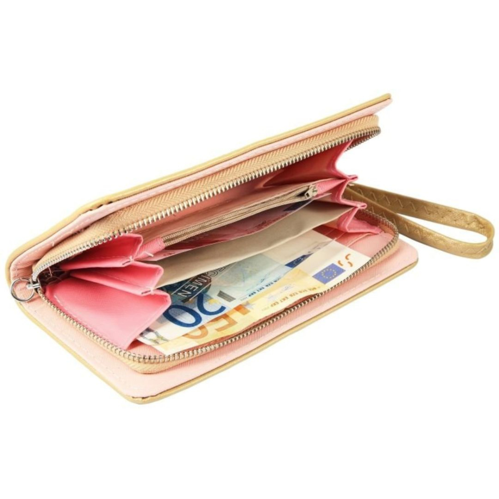 Portofel dama galben 21 x 11 x 2 cm din imitatie de piele, model incapator cu 12 sloturi carduri, 3 spatii bancnote, compartiment monede si fermoar [3]