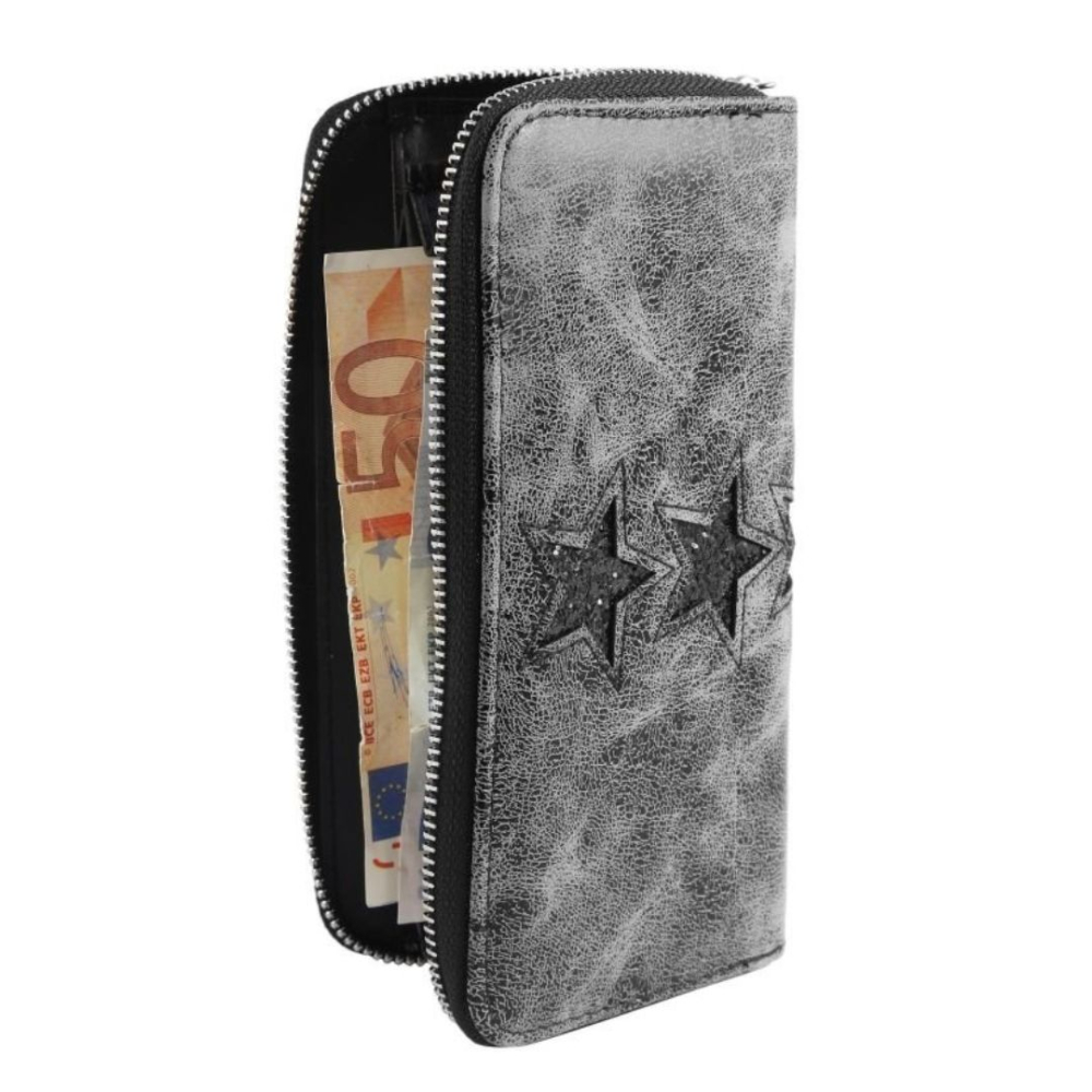 Portofel dama gri inchis 19 x 10 x 3 cm din imitatie de piele cu sclipici stele, 8 sloturi carduri, buzunar monede si 3 spatii pentru bancnote [4]