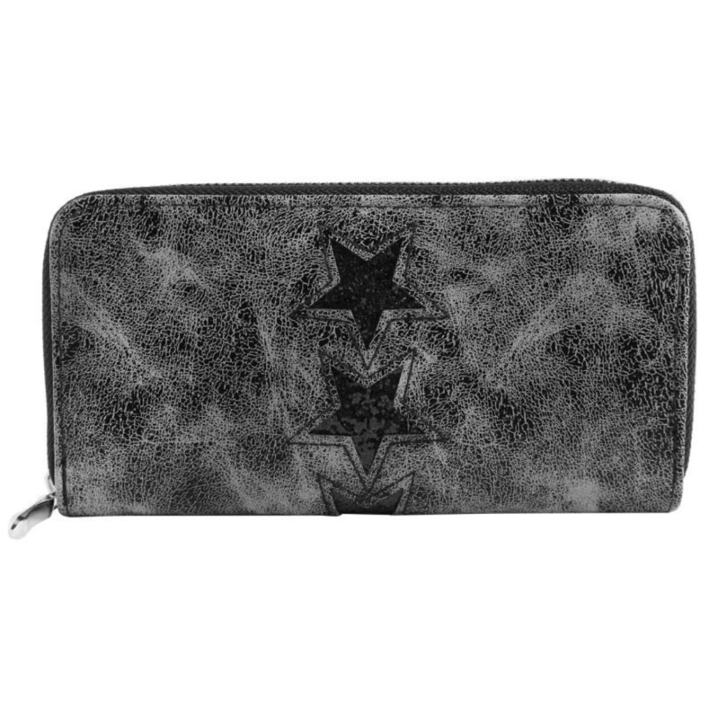 Portofel dama, gri inchis 19 x 10 x 3 cm din imitatie de piele, finisaj metalic cu stele, 8 sloturi carduri, 3 compartimente bancnote si fermoar [2]