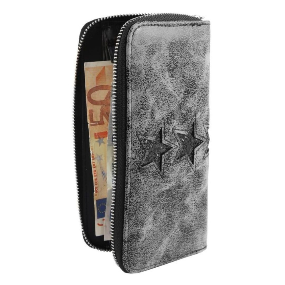 Portofel dama, gri inchis 19 x 10 x 3 cm din imitatie de piele, finisaj metalic cu stele, 8 sloturi carduri, 3 compartimente bancnote si fermoar [4]