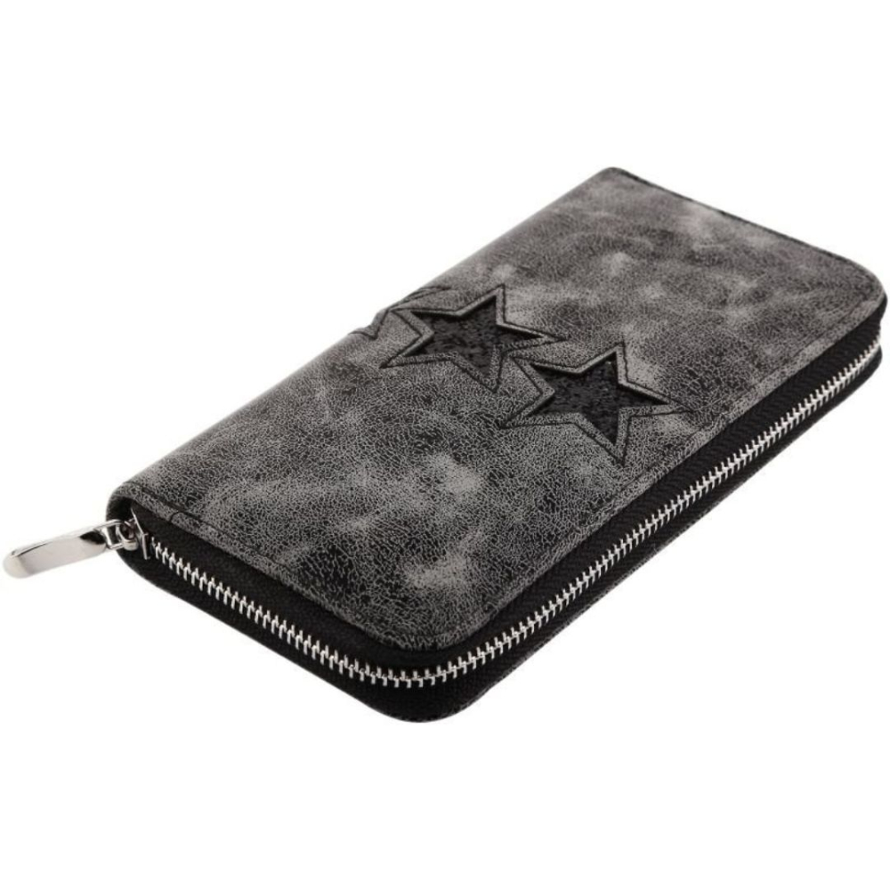 Portofel dama, gri inchis 19 x 10 x 3 cm din imitatie de piele, finisaj metalic cu stele, 8 sloturi carduri, 3 compartimente bancnote si fermoar [3]