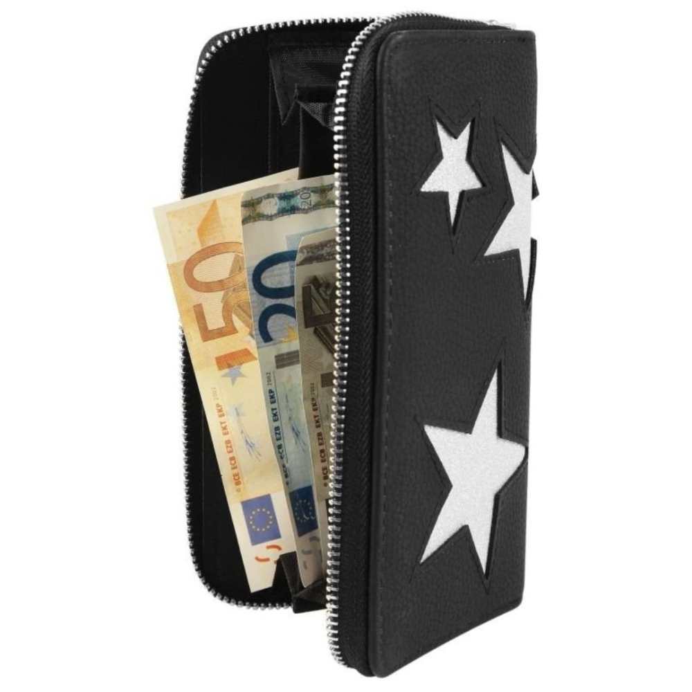 Portofel dama negru 19 x 10 cm din imitatie de piele, model orizontal cu fermoar, 8 sloturi carduri, 5 compartimente bancnote si buzunar monede [3]