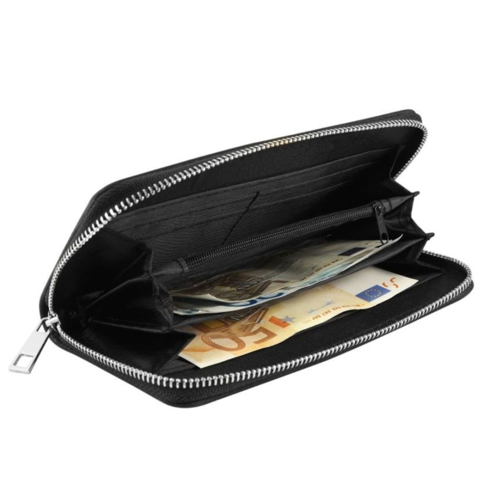 Portofel dama negru 19 x 10 cm din imitatie de piele, model orizontal cu fermoar, 8 sloturi carduri, 5 compartimente bancnote si buzunar monede [2]