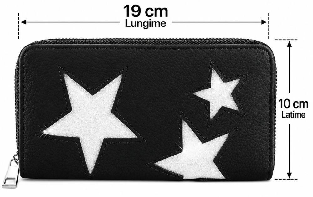 Portofel dama negru 19 x 10 cm, model cu stele argintii, inchidere cu fermoar [2]