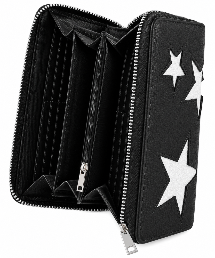 Portofel dama negru 19 x 10 cm, model cu stele argintii, inchidere cu fermoar [3]