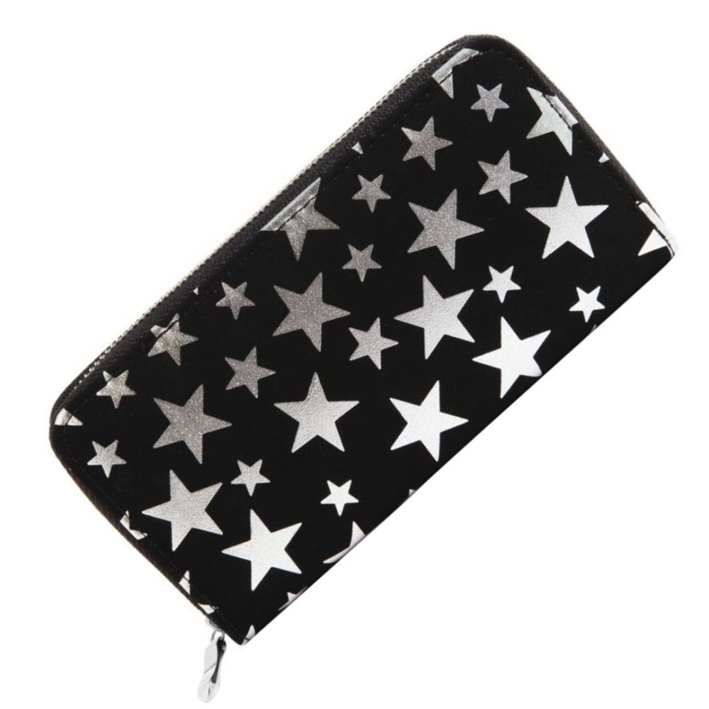 Portofel dama negru si argintiu 19 x 10 x 2,5 cm din imitatie de piele cu stelute, 8 sloturi carduri, 3 compartimente bancnote, monede si fermoar [2]