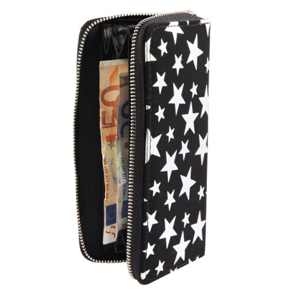 Portofel dama negru si argintiu 19 x 10 x 2,5 cm din imitatie de piele cu stelute, 8 sloturi carduri, 3 compartimente bancnote, monede si fermoar [4]