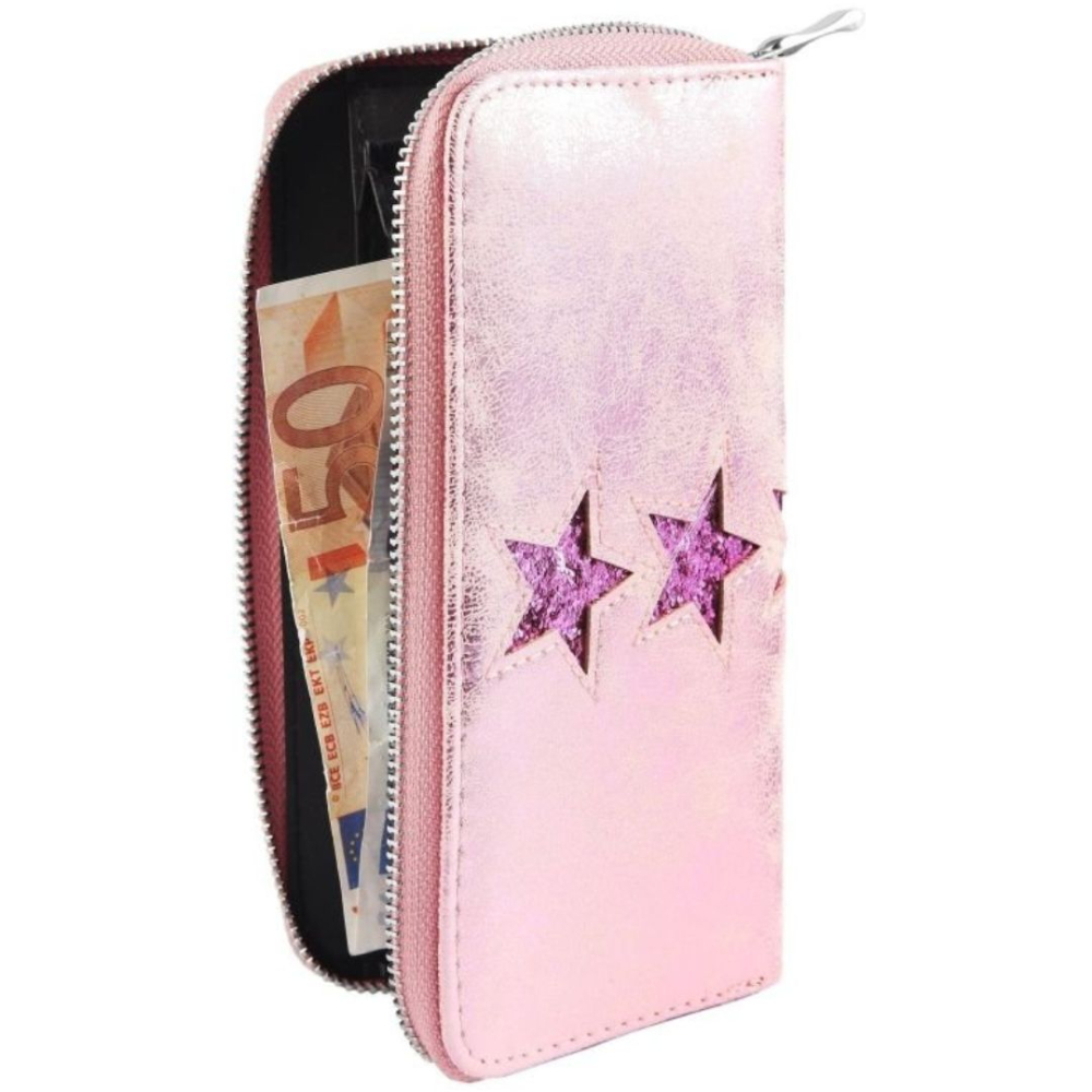 Portofel dama roz 19 x 10 x 3 cm din imitatie de piele, finisaj cu stele stralucitoare, 8 sloturi carduri, 3 compartimente bancnote si fermoar [5]