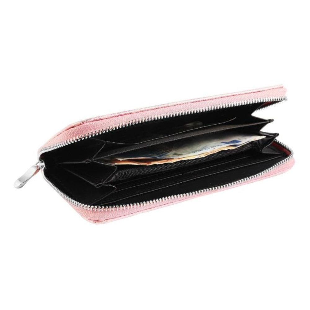 Portofel dama roz 19 x 10 x 3 cm din imitatie de piele, finisaj cu stele stralucitoare, 8 sloturi carduri, 3 compartimente bancnote si fermoar [4]