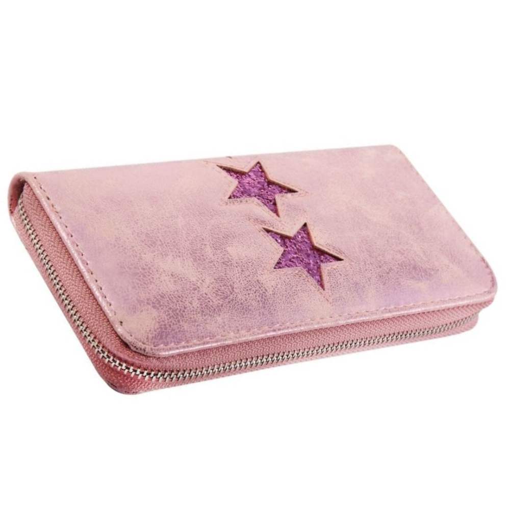 Portofel dama roz 19 x 10 x 3 cm din imitatie de piele, finisaj cu stele stralucitoare, 8 sloturi carduri, 3 compartimente bancnote si fermoar [2]