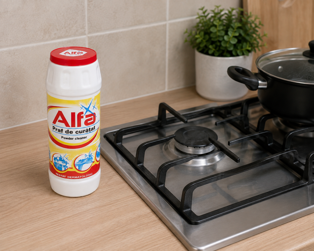 Praf de curatat Alfa 500 g, detergent abraziv pentru baie, bucatarie si suprafete dure, indeparteaza murdaria, grasimea si petele dificile [3]